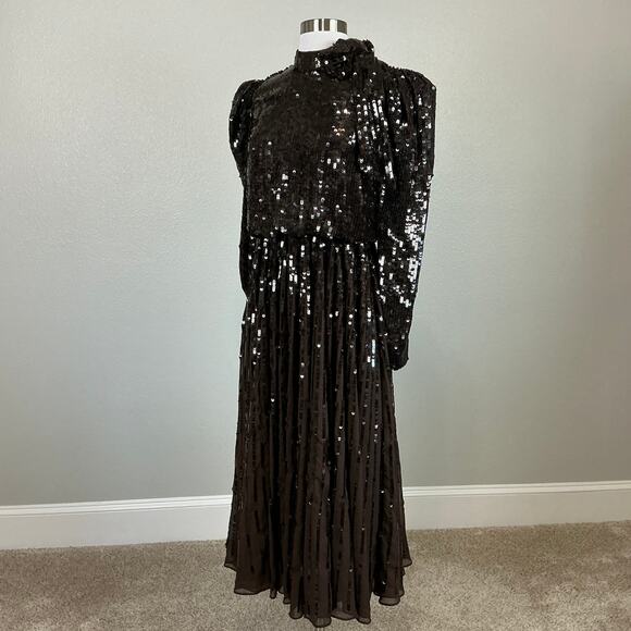 Mac Duggal Sequined Long Sleeve A-Line Midi Cocktail Dress Brown Size 2 - Picture 5 of 12
